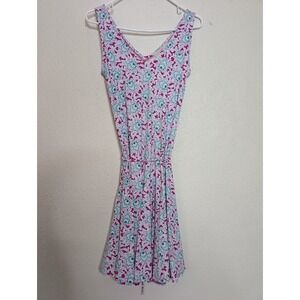 LOFT Outlet Tank‎ Swing Dress Size Large Pink Blue Leaf Print Sleeveless Stretch